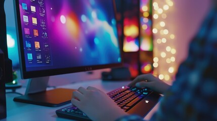Poster - A close-up of a person creating a banner advertisement on a computer with vibrant colors and text on a background