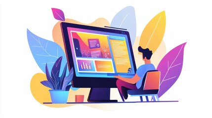 Poster - A designer working on a banner ad for a brand campaign on a computer with vibrant visuals on a white isolated background