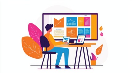 Poster - A designer working on a banner ad for a brand campaign on a computer with vibrant visuals on a white isolated background