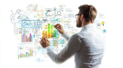 Poster - A marketing expert creating a new advertisement with visual content, including images and text, on a white isolated background