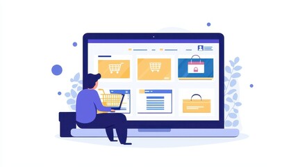 Poster - A person watching a digital advertisement video on a laptop screen with product details and prices on a white isolated background