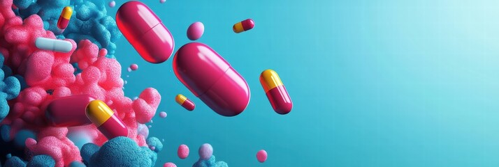 Poster - Colorful capsules and pills floating above vibrant background in dynamic display