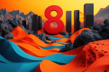 Poster - Vibrant abstract landscape featuring a large number 8 amidst colorful waves and urban structures