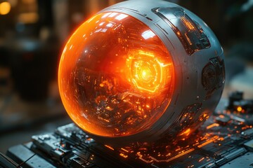 Poster - a close-up of a glowing object on a keyboard, suitable for use in technology or science related cont