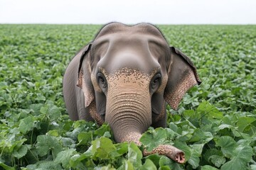 Wall Mural - An elephant standing in a lush green field