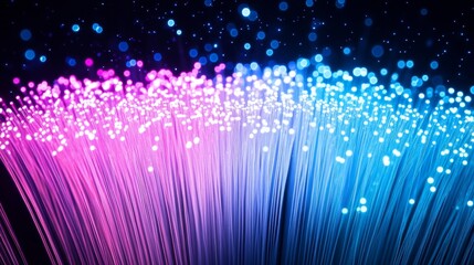 Poster - Neon light speed effect. Vector realistic illustration of blue, pink, white lines moving upward on black background, modern data transmission technology, fiber optic network, wireless communication