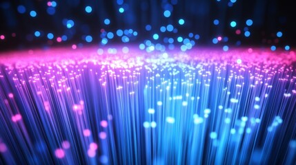 Poster - Neon light speed effect. Vector realistic illustration of blue, pink, white lines moving upward on black background, modern data transmission technology, fiber optic network, wireless communication