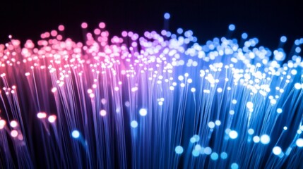 Poster - Neon light speed effect. Vector realistic illustration of blue, pink, white lines moving upward on black background, modern data transmission technology, fiber optic network, wireless communication