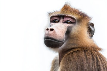 Close-up portrait of a monkey's face on a white background