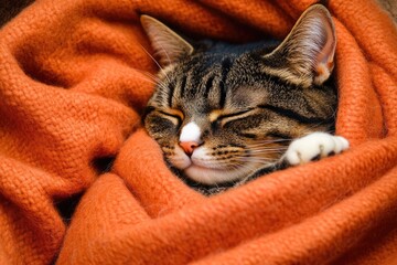 Wall Mural - A cat is curled up in a cozy blanket