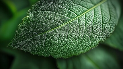 Wall Mural - Close-up of a vibrant green leaf's detailed texture and veins.