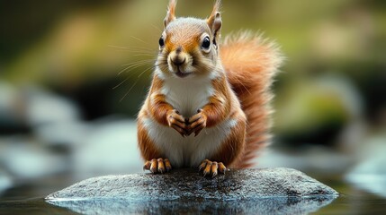 Poster - A small mammal perched on a rocky outcrop surrounded by calm water, ready to dive or play