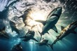 © Ева Поликарпова - Group of sharks swimming together in the open ocean, illustration