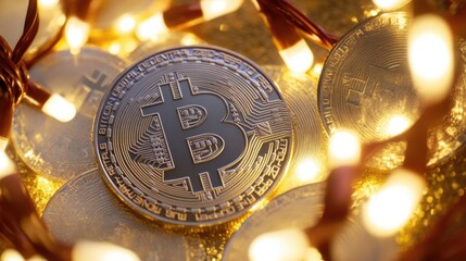 Poster - A close-up shot of a Bitcoin logo surrounded by bright lights, ideal for use in financial or technology-related contexts