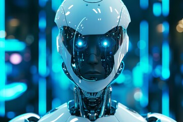 Poster - A detailed closeup portrait of a high-tech robot showcasing its illuminated features and intricate design in a futuristic environment filled with blue lighting