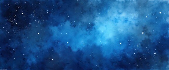 Poster - Abstract night sky design with blue, dark colors. Stars sparkle like dots on vast celestial canvas. Watercolor style gives artistic touch to background. Image evokes sense of cosmos, universe. Ideal