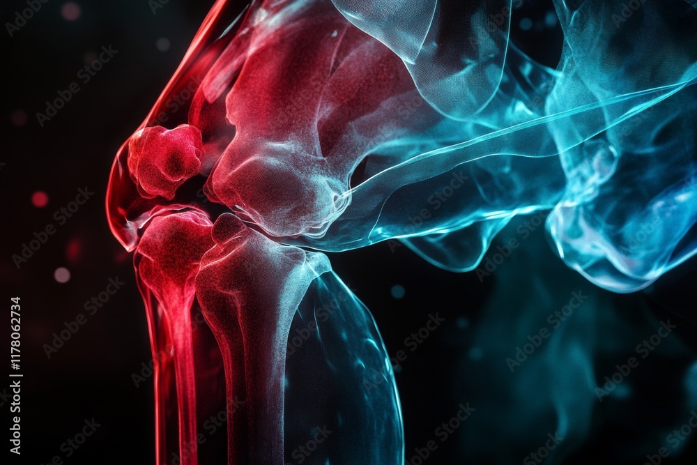 3d blue medical x ray of knee anatomy showing pain, joint injury, and ...