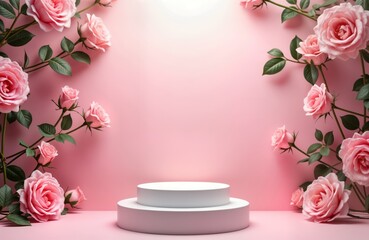 Aufkleber - White podium with pink roses. Elegant product display in floral setting. Romantic spring summer theme. Suitable for cosmetics beauty products. Empty stage for presentations. Gentle lighting, soft