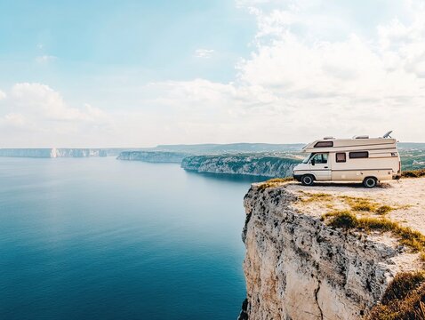 Scenic coastal view with a camper van parked on a cliff overlooking the ocean