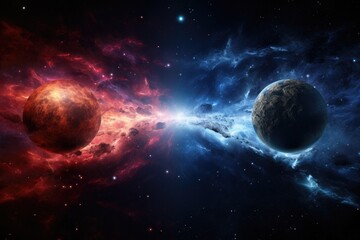 Poster - A stunning interplay of a vibrant red planet and a serene blue Earth amid a cosmic backdrop, showcasing the beauty of space at twilight