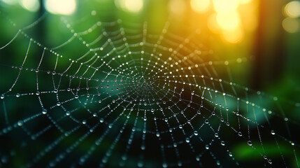 A macro photograph captures rain droplets on a spider web, refracting light into tiny rainbows. The sharp silk strands stand out against a softly blurred forest background.