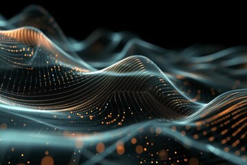Fototapete - Futuristic technology wallpaper featuring digital waves with glowing particles representing data flow in a sci-fi environment