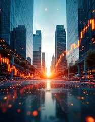 Aufkleber - City street in sunny morning. Forex market indicators appear on skyscraper buildings. Growing digital candlesticks indicate financial market growth. Modern urban landscape shows successful investment