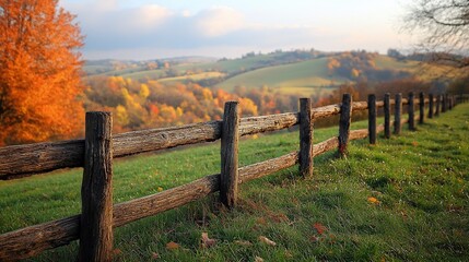 Wall Mural - Autumnal landscape with wooden fence.