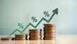 © Pete - Stacked coins demonstrate increasing financial growth. Percentage symbols, upward arrow visually represent rising interest rates investment returns. Business growth, high returns implied. Concept of