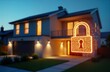 © Pete - Modern home at night protected by smart security system. Digital padlock icon glows with binary code. Future tech secure house. Exterior view with lawn, garden lights. Residential property with tech