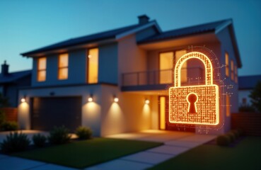 Poster - Modern home at night protected by smart security system. Digital padlock icon glows with binary code. Future tech secure house. Exterior view with lawn, garden lights. Residential property with tech