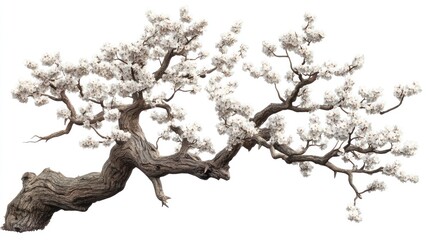 Blossoming bonsai tree branch, isolated, white background, spring, design