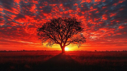 Wall Mural - solitary tree silhouetted against a fiery sunrise over a field.