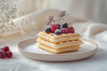 Sticker - A minimalistic arrangement of freshly baked waffles topped with raspberries and blueberries on a white plate