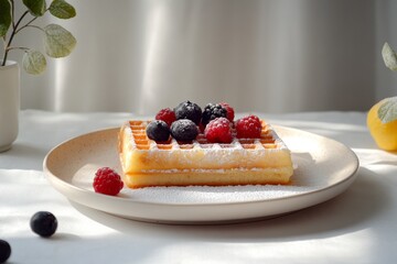 Sticker - A minimalistic presentation of freshly baked waffles topped with raspberries and blueberries, dusted with powdered sugar on a beige plate