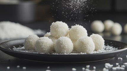 Sticker - A minimalistic arrangement of homemade energy balls coated in shredded coconut on a black plate, with coconut flakes scattered around