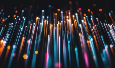 Poster - Vibrant Light Trails in Dark Background, Abstract Representation of Fiber Optics and Data Transmission, Colorful Neon Lights