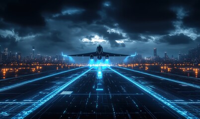 Poster - Futuristic airplane taking off at night with glowing runway and city skyline in background, showcasing advanced technology and urban landscape