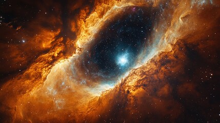 A bright orange galaxy with a black hole at its center, perfect for sci-fi illustrations and futuristic designs