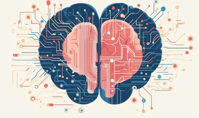 Poster - Digital Brain Illustration with Circuit Patterns and Neural Connections Representing Technology and Intelligence