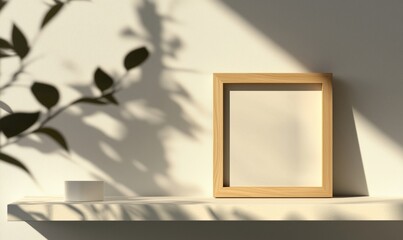 Wall Mural - Empty wooden photo frame on minimalist shelf with soft shadows and natural light, showcasing simplicity and elegance