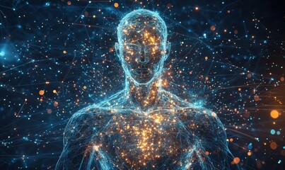 Poster - Human figure composed of glowing particles and interconnected lines representing digital technology and human anatomy