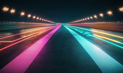 Poster - Futuristic neon-lit racetrack with vibrant colored lines and illuminated surroundings, showcasing a high-tech racing environment