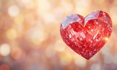 Poster - Sparkling Red Heart-Shaped Gemstone with Bokeh Background, Radiating Love and Elegance