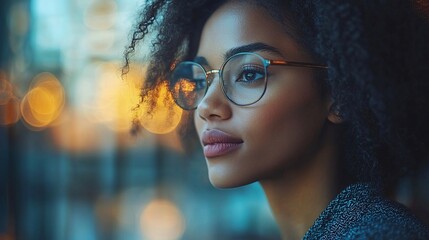 Wall Mural - Thoughtful woman in glasses looking away.