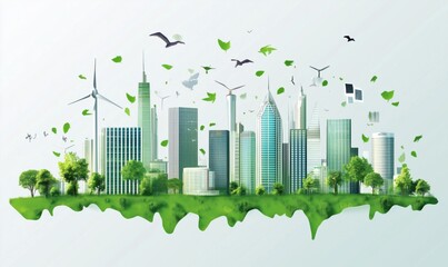 Poster - Sustainable Urban Landscape with Green Architecture, Wind Turbines, and Lush Vegetation Representing Eco-Friendly City Development
