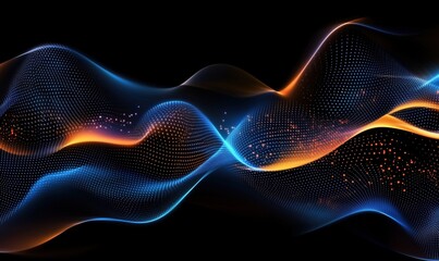 Poster - Abstract digital wave patterns with glowing dots and vibrant colors, showcasing fluid motion and energy in a dark background