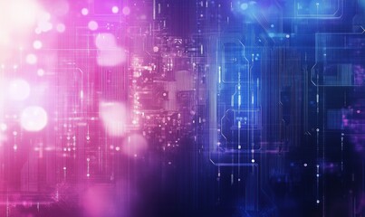 Poster - Abstract digital technology background with vibrant pink and blue hues, glowing circuits, and bokeh effects