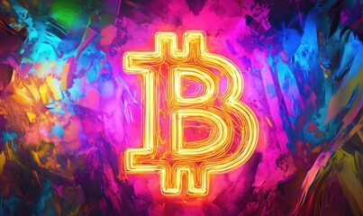 Poster - Bitcoin Neon Sign Illuminated Against Colorful Abstract Background, Vibrant Digital Art, Cryptocurrency Symbol, Modern Aesthetic