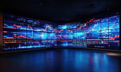 Poster - Dynamic financial data visualization on large screen display showcasing stock market trends, graphs, and analytics in a modern trading environment